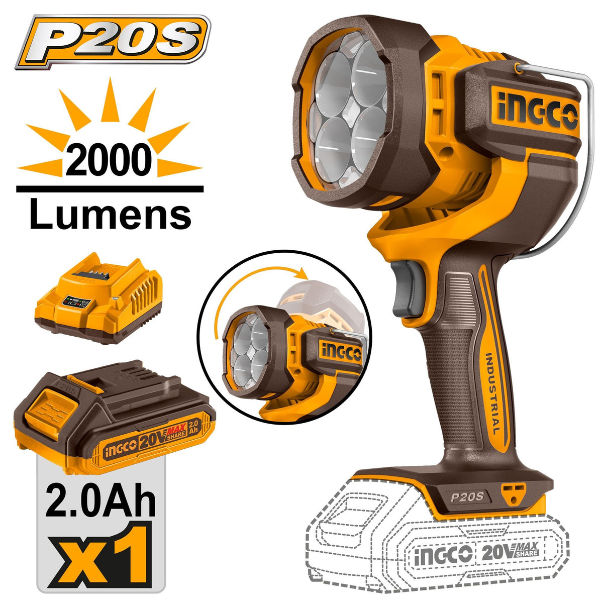 INGCO 20V LI-ION WORK LAMP 22.5W 2000 LUMENS 1X2.0AH CHARGER CWLI20881 Main image