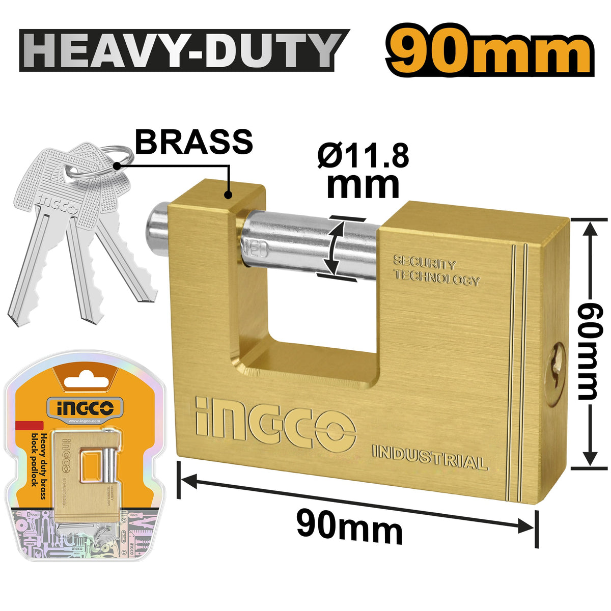 INGCO HEAVY DUTY 90M BRASS BLOCK PADLOCK DBBPL0902 Main image