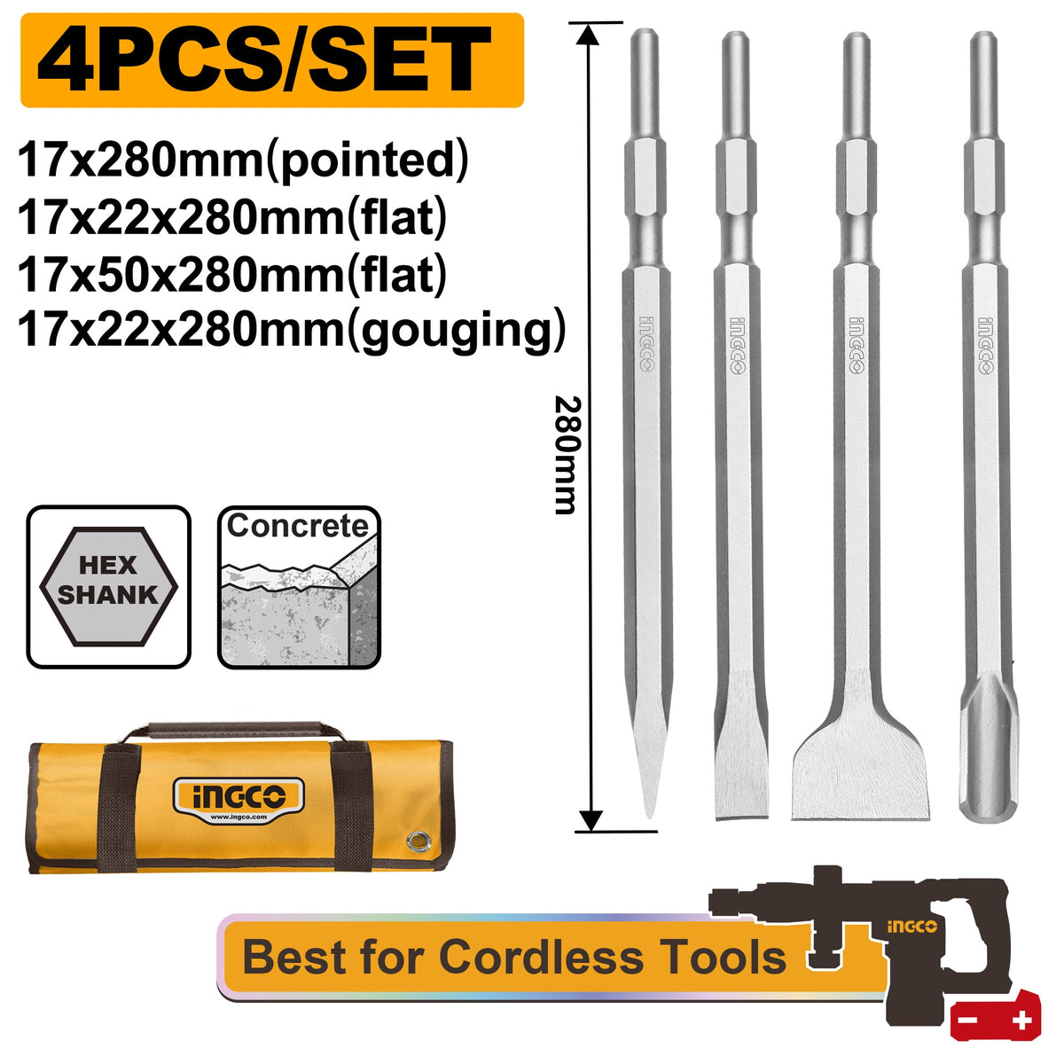 INGCO 4PCS #17 BREAKER CHISEL SET IN BAG DBC0804401 Main image