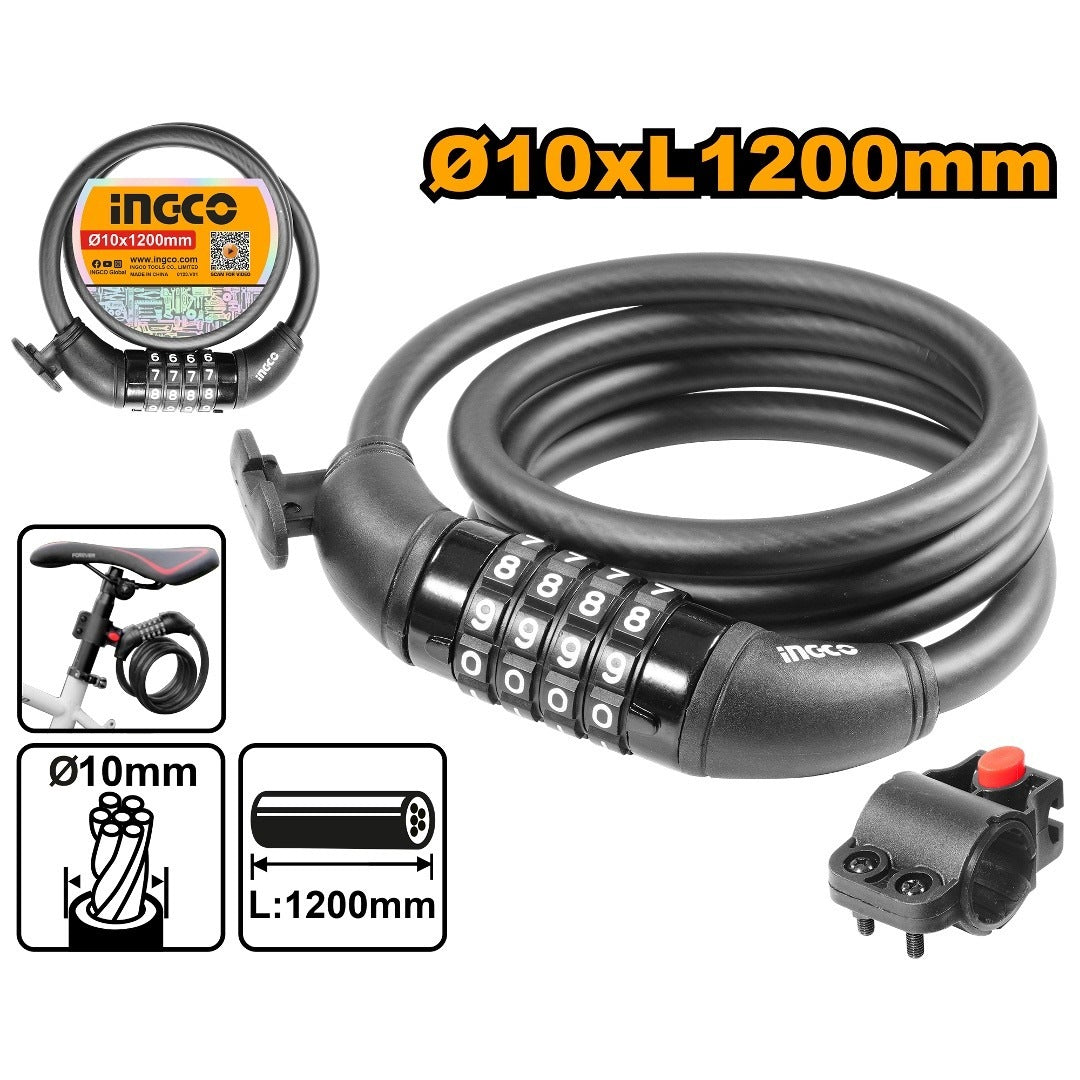 INGCO 4 DIGIT COMBINATION BICYCLE LOCK 12X1200MM DBK21012 Main image