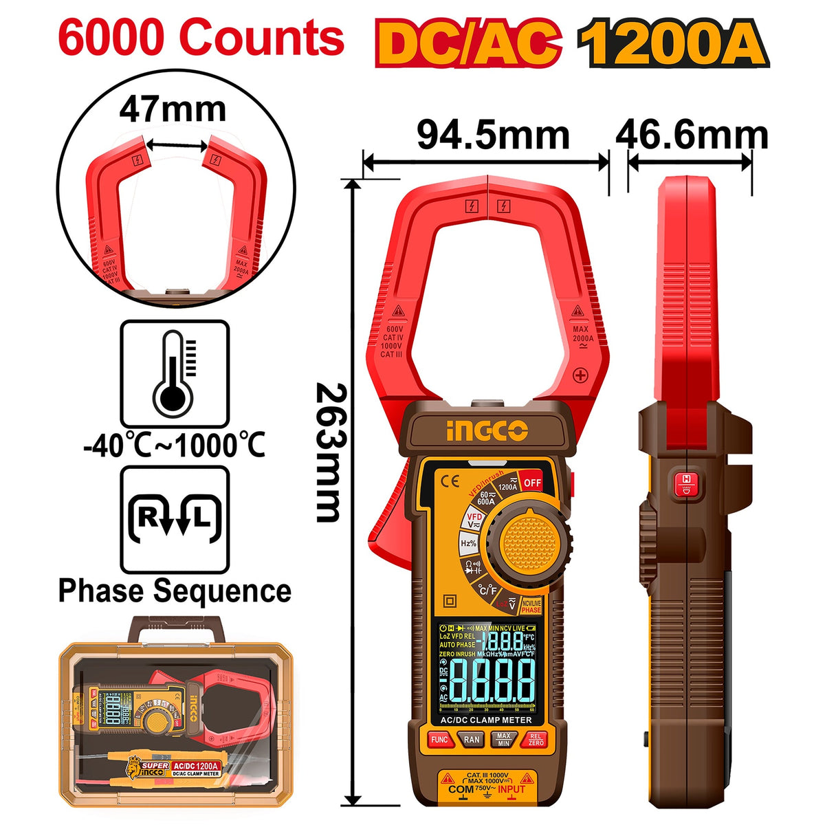 INGCO DIGITAL DC/AC 1000A CLAMP METER DCM610002 Main image