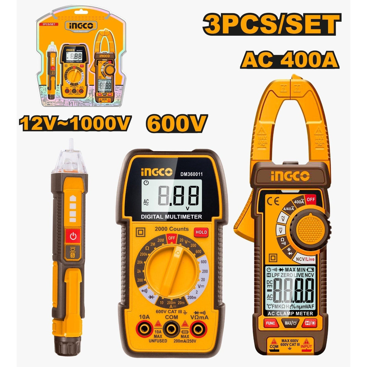 INGCO 3PC DIGITAL MULTIMETER AC CLAMP METER & DETECTOR TEST KIT DM3068 Main image