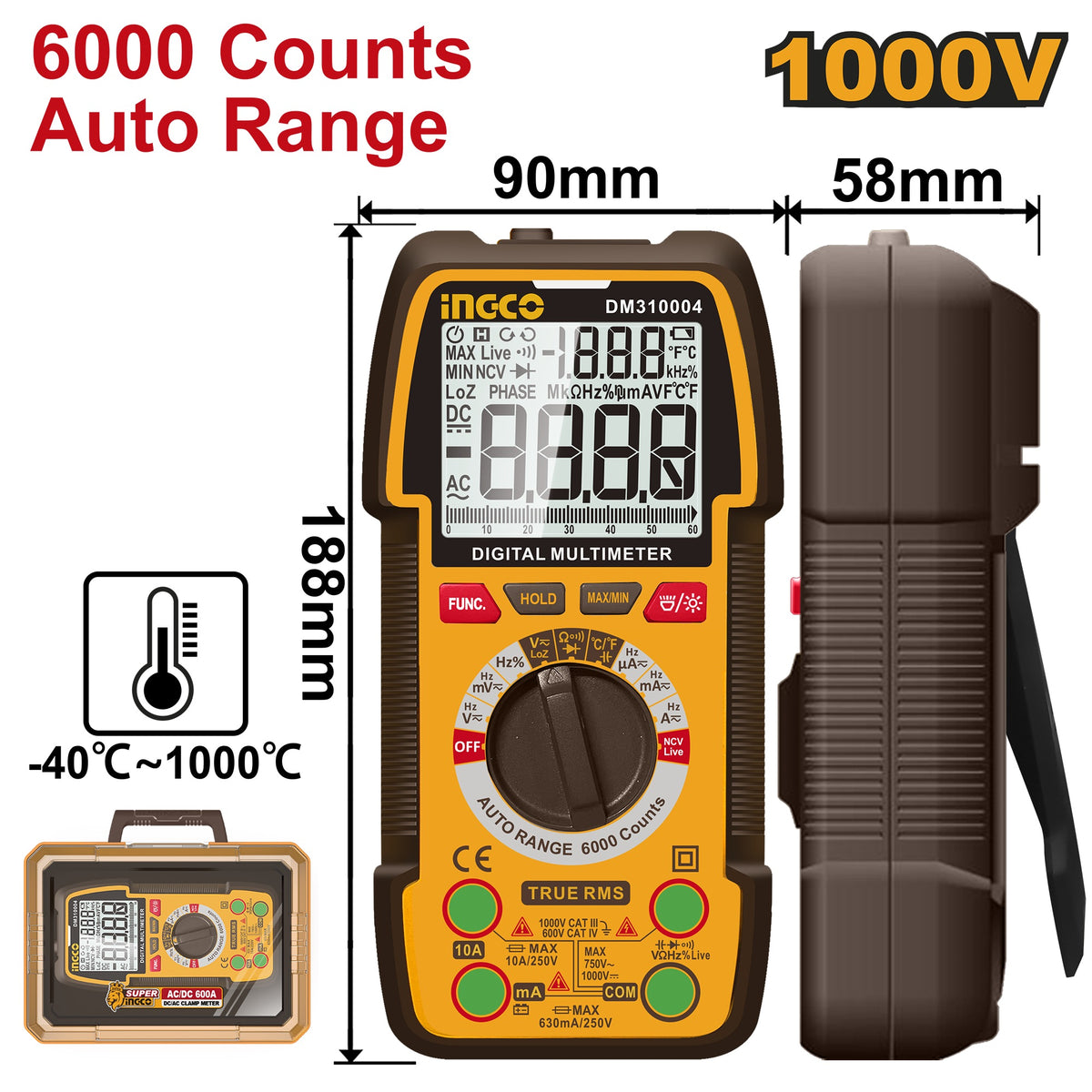 INGCO DIGITAL MULTIMETER 1000V 6000 COUNT AUTO RANGE DM310004 Main image