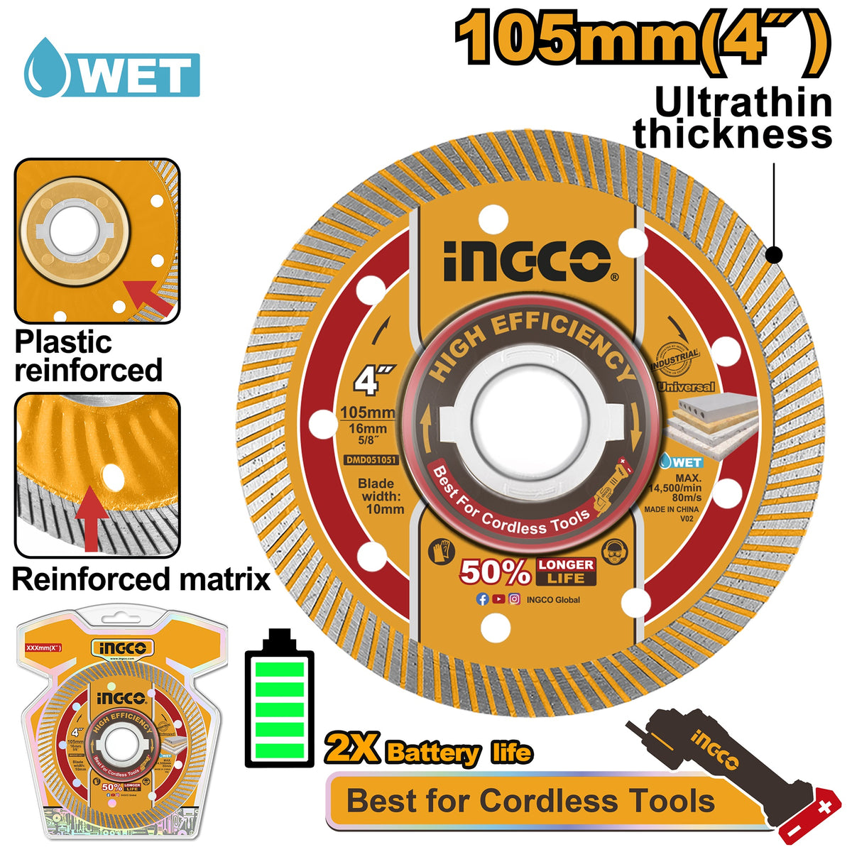 INGCO 4" 105MM ULTRATHIN DIMAOND WHEEL WITH FLANGE DMD051051
