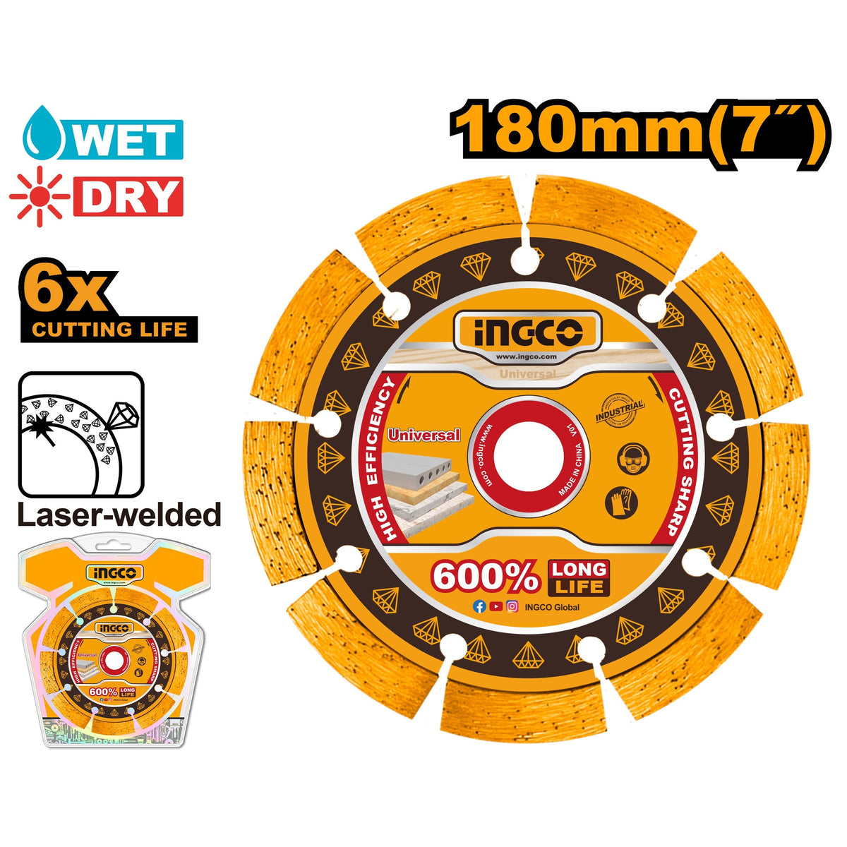 INGCO 7" 180MM LASER WELDED DIAMOND CUTTING DISC DMD071801 Main image