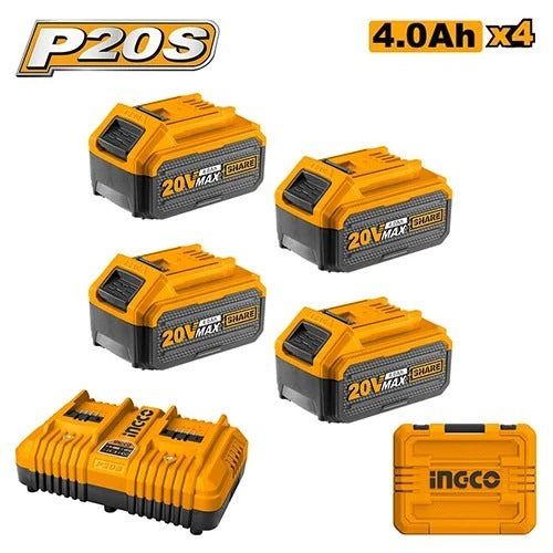 INGCO 20V BATTERY & CHARGER KIT 4X 4.0AH, DUAL PORT CHARGER +CASE FBCLI20244 Main image