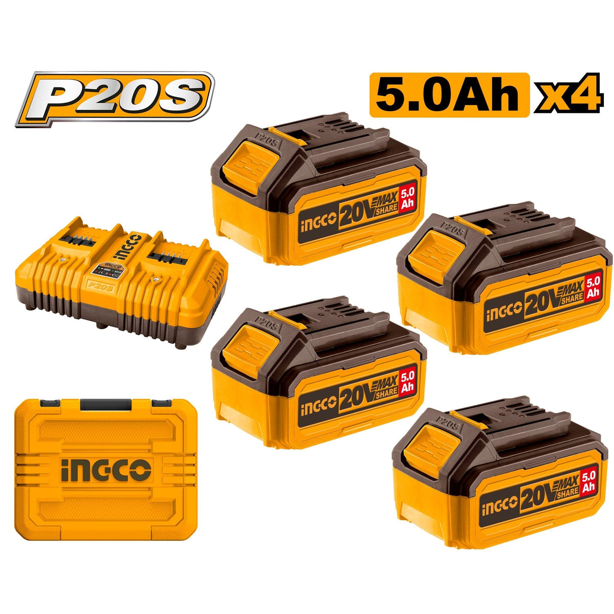 INGCO 20V POWER SOURCE KIT 4 X 5.0AH + DUAL PORT CHARGER & CASE FBCLI20245 Main image