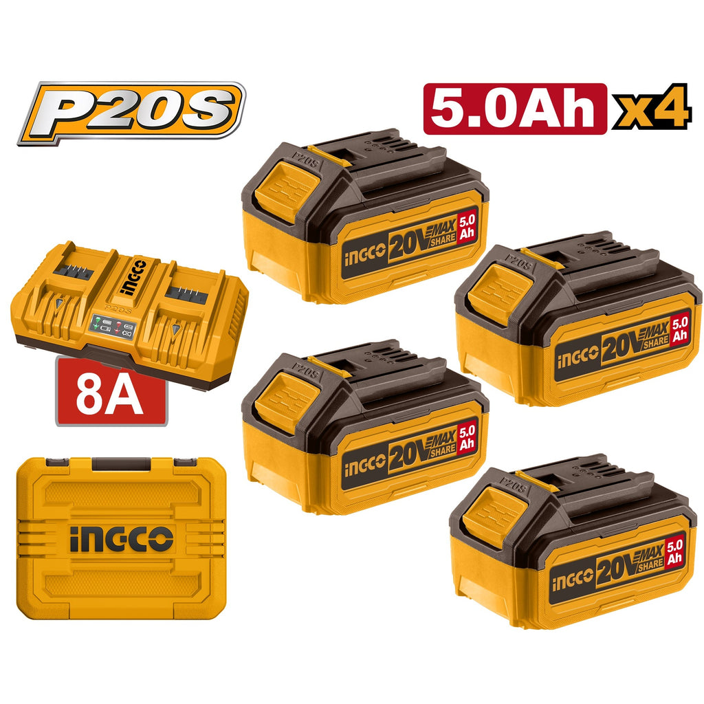 INGCO 20V POWER SOURCE KIT 4X 5.0AH+8A DUAL PORT CHARGER & CASE FBCLI20285