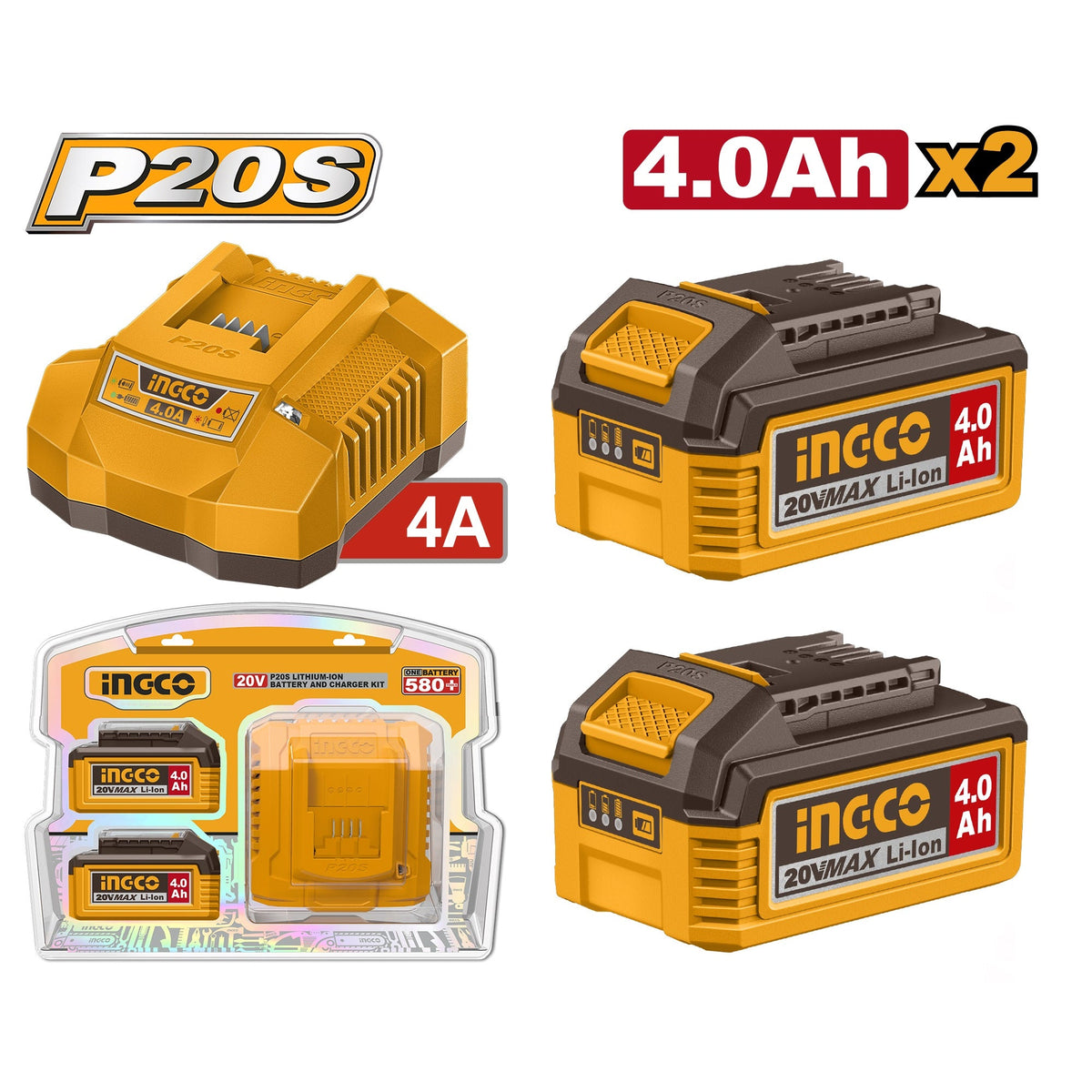 INGCO 20V 2X4.0AH BATTERY + 4A CHARGER SET FBCPK2013 Main image