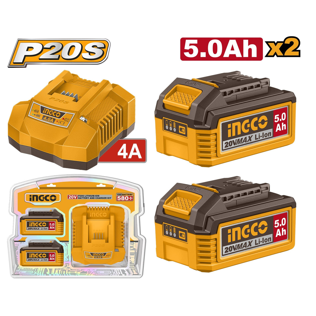 INGCO 20V 2X5.0AH BATTERY + 4A CHARGER SET FBCPK2513