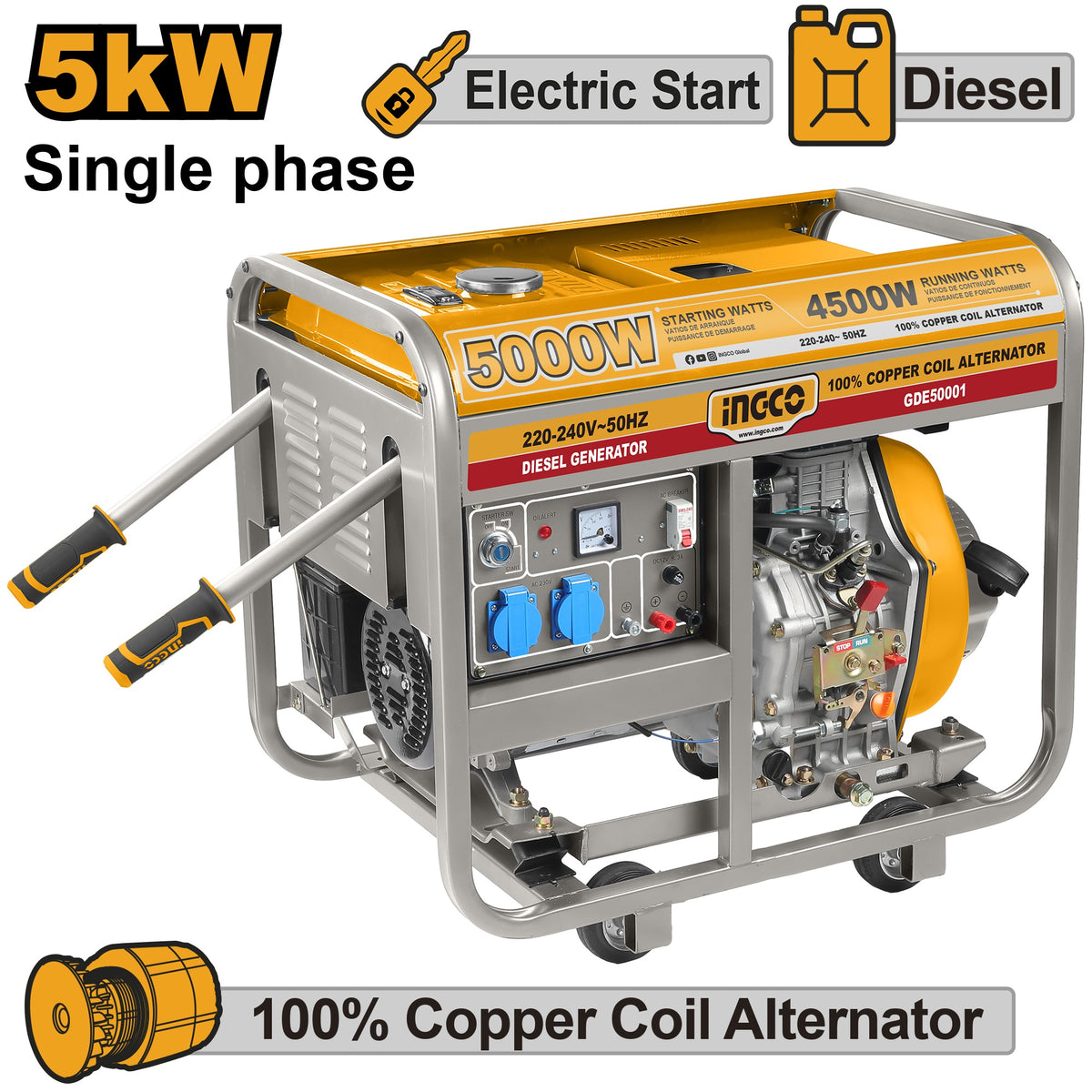 INGCO DIESEL GENERATOR ELECTRIC START, MAX 5KW RATED 4.5KW GED50001