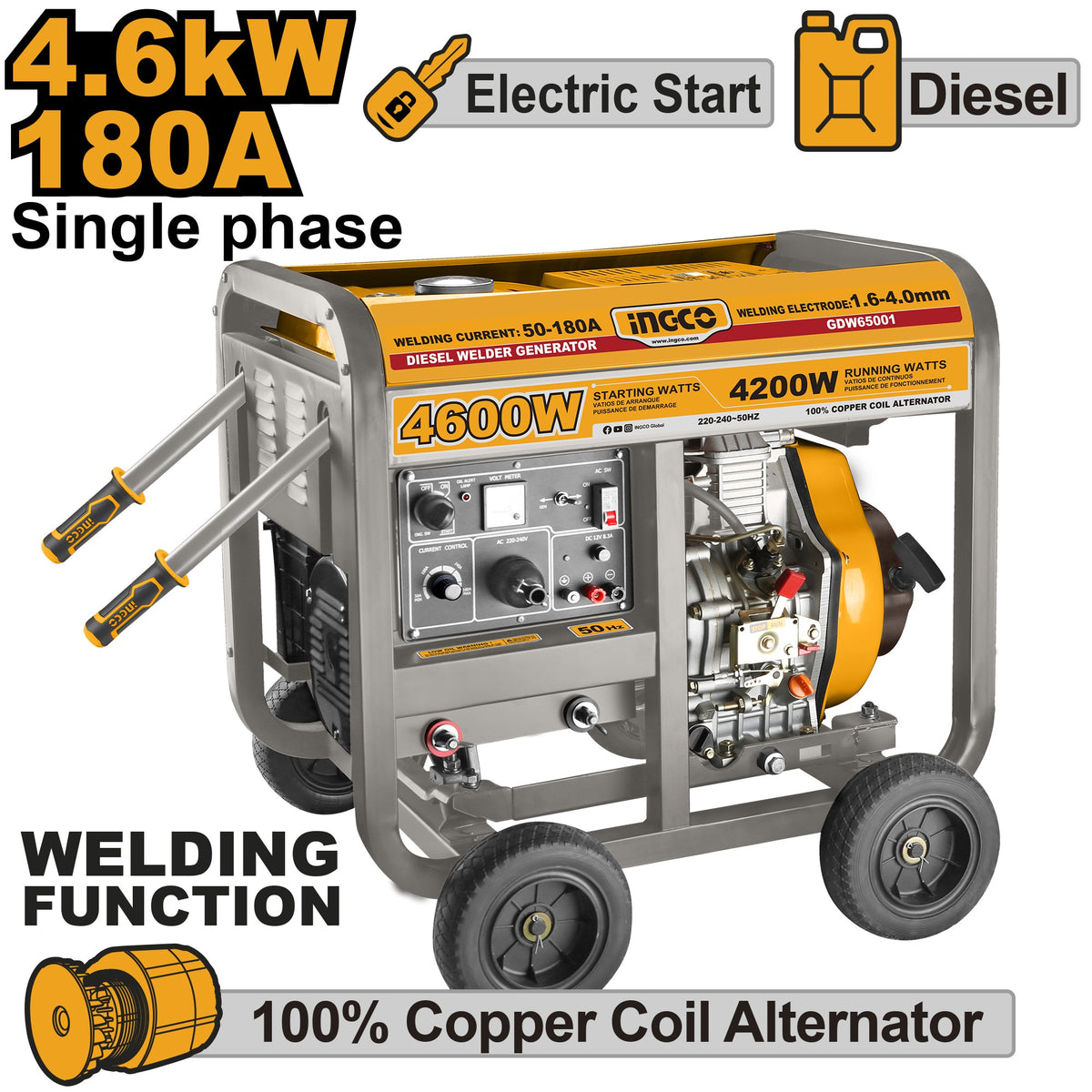 INGCO DIESEL WELDER & GENERATOR ELECTRIC START MAX 180A, 4.6KW GDW65001 Main image