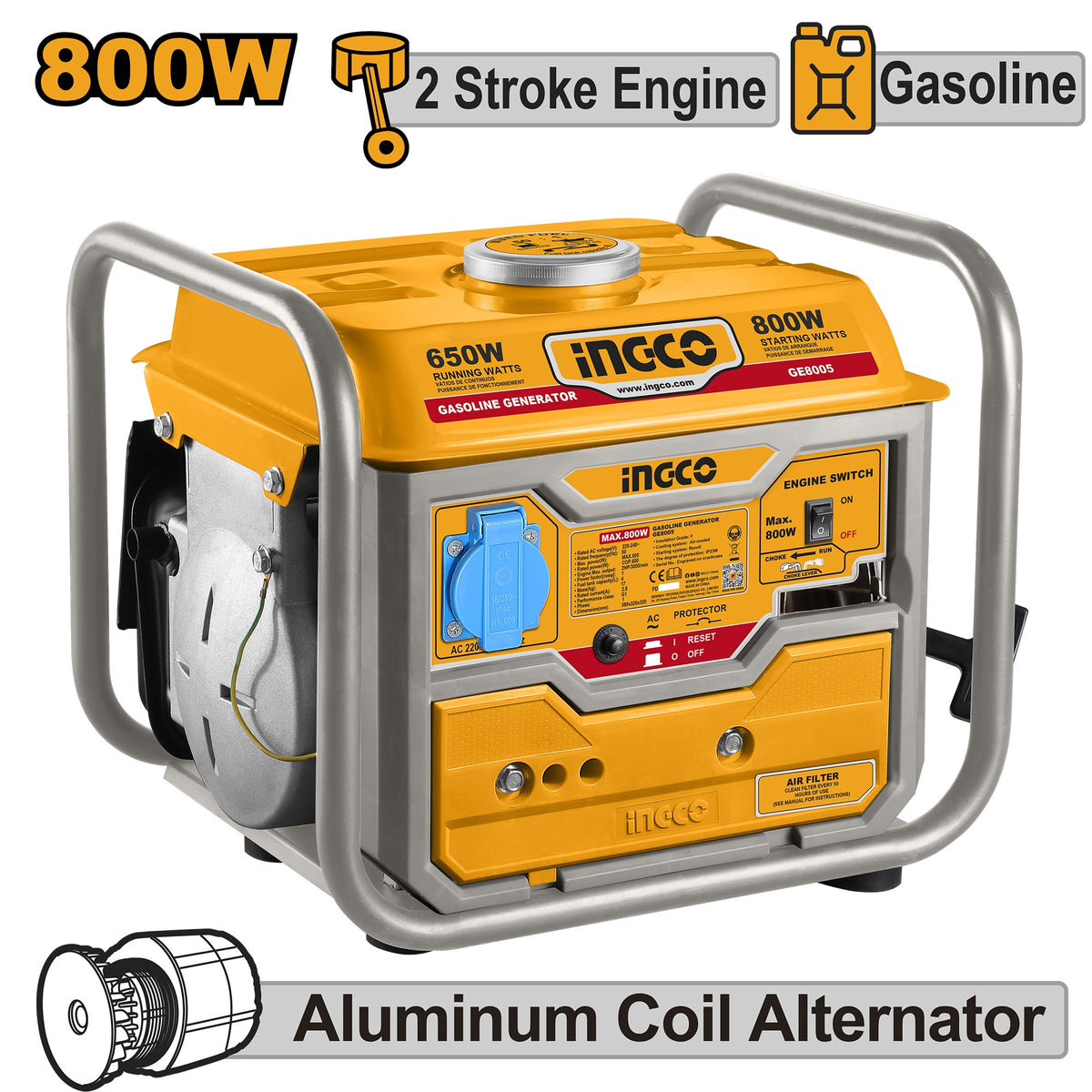 INGCO PORTABLE 2-STROKE GASOLINE GENERATOR 800W RATED 650W GE8005 Main image