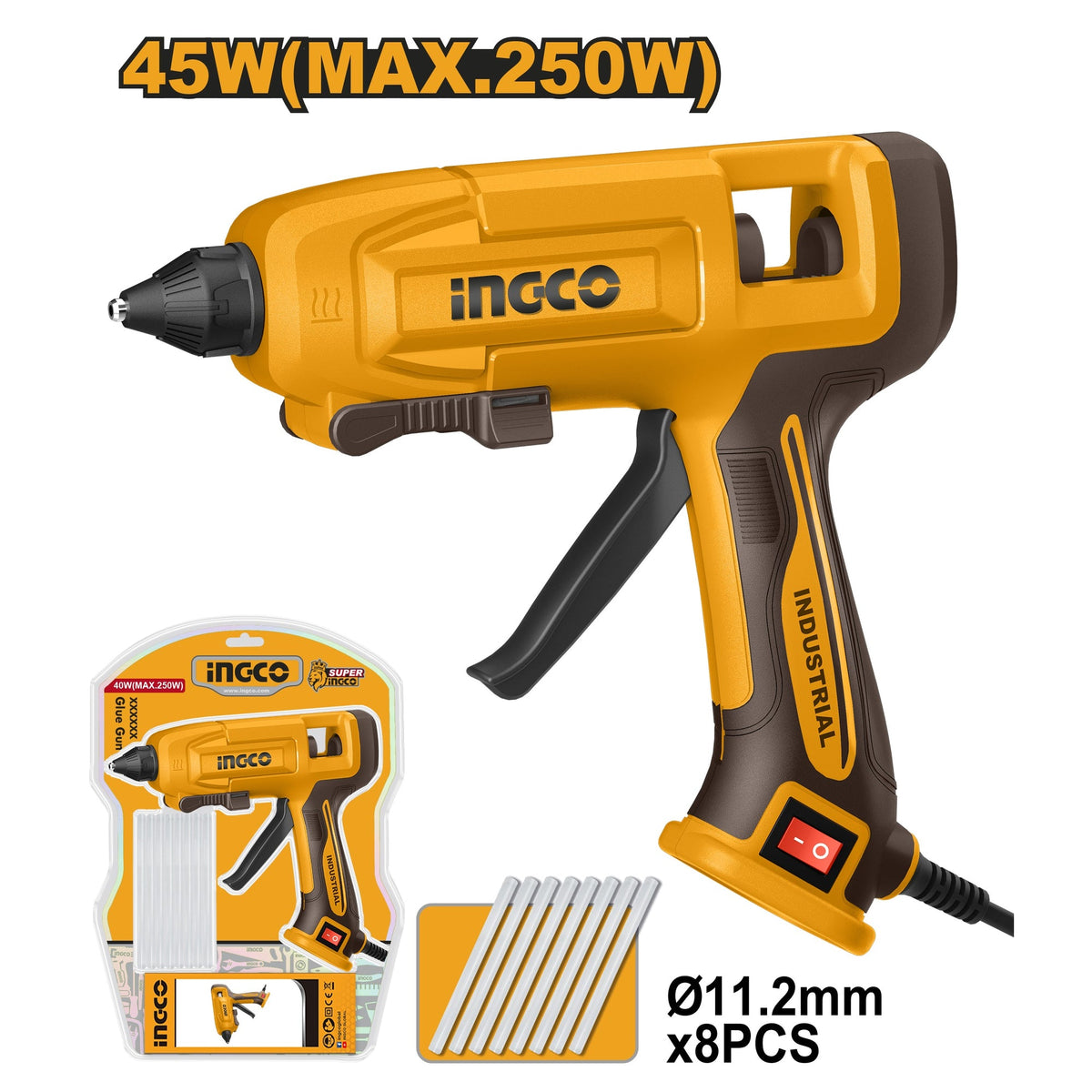 INGCO ELECTRIC GLUE GUN 45W-MAX250W WITH 8PCS150MM GLUE STICK GG408