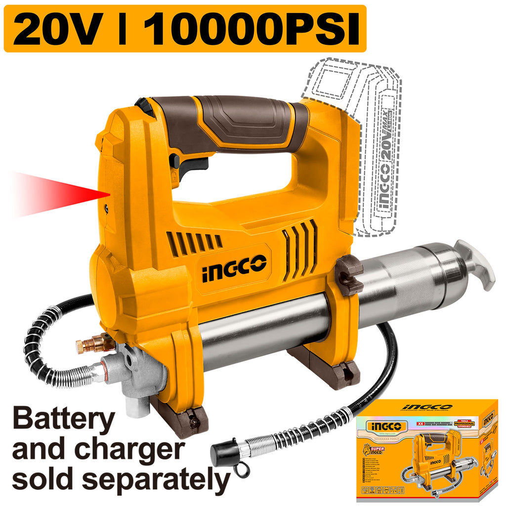 INGCO 20V LI-ION CORDLESS GREASE GUN 10,000 PSI, GGLI2010 (BARE UNIT)