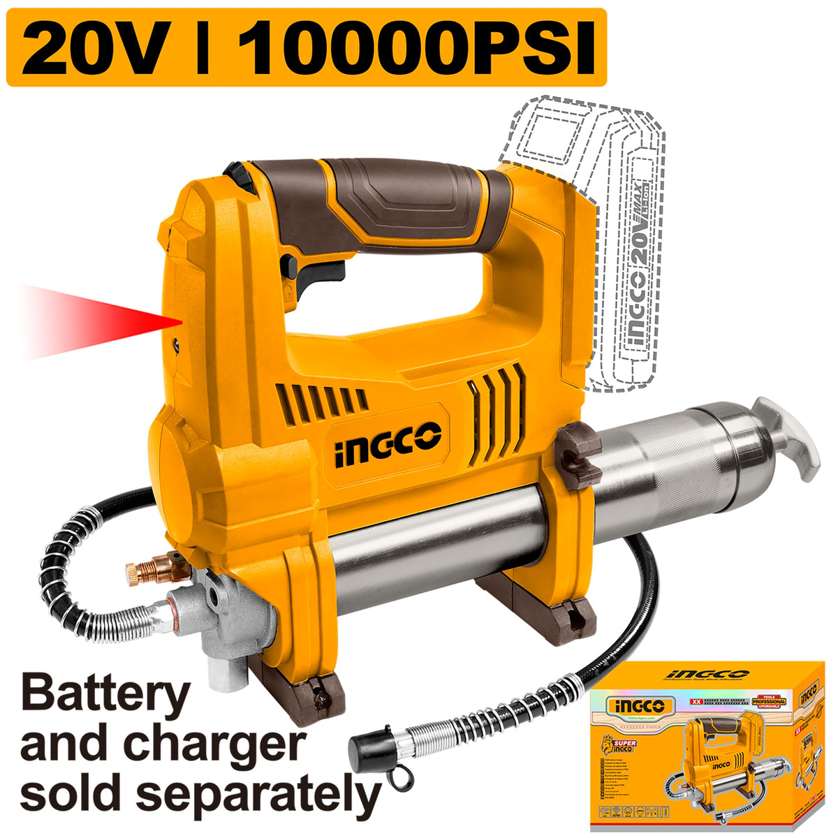 INGCO 20V LI-ION CORDLESS GREASE GUN 10,000 PSI, GGLI2010 (BARE UNIT)