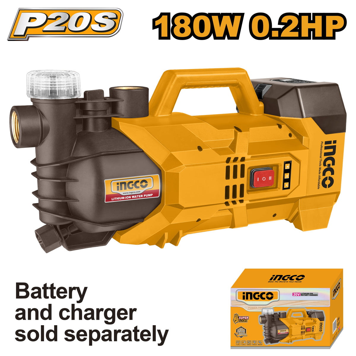 INGCO 20V LI-ION WATER PUMP MAX HEAD 22M MAX FLOW 47L/MIN GWPLI201801 (BARE UNIT)
