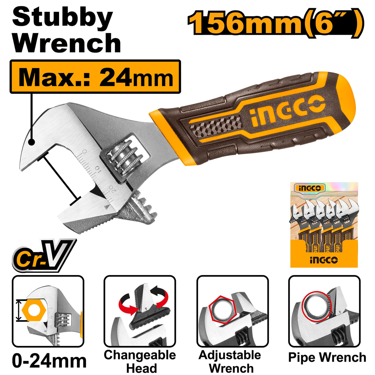 INGCO 2 IN 1 STUBBY ADJUSTABLE WRENCH 156MM 6" HADWS088 Main image
