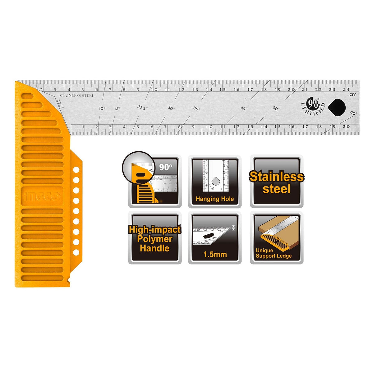 INGCO TRY SQUARE STAINLESS STEEL BLADE 12" 300MM HAS123002 Main image