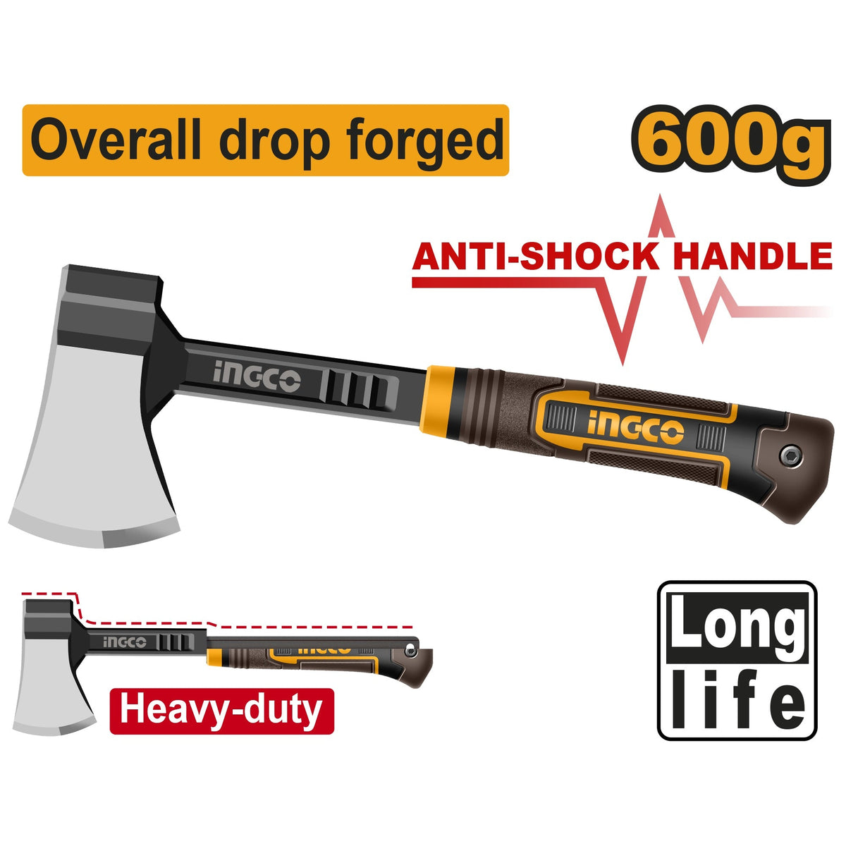 INGCO 600GM DROP FROGED AXE ANTI SHOCK F'GLASS HANDLE 390MM LTH HAX081600L Main image