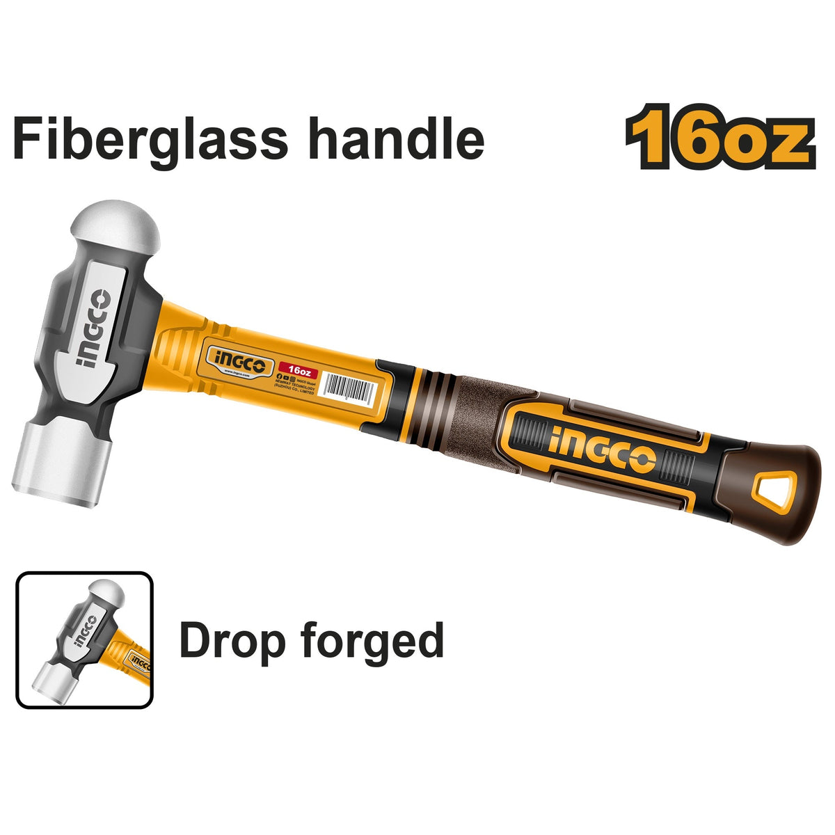 INGCO BALL PEIN HAMMER FIBERGLASS HANDLE Main image
