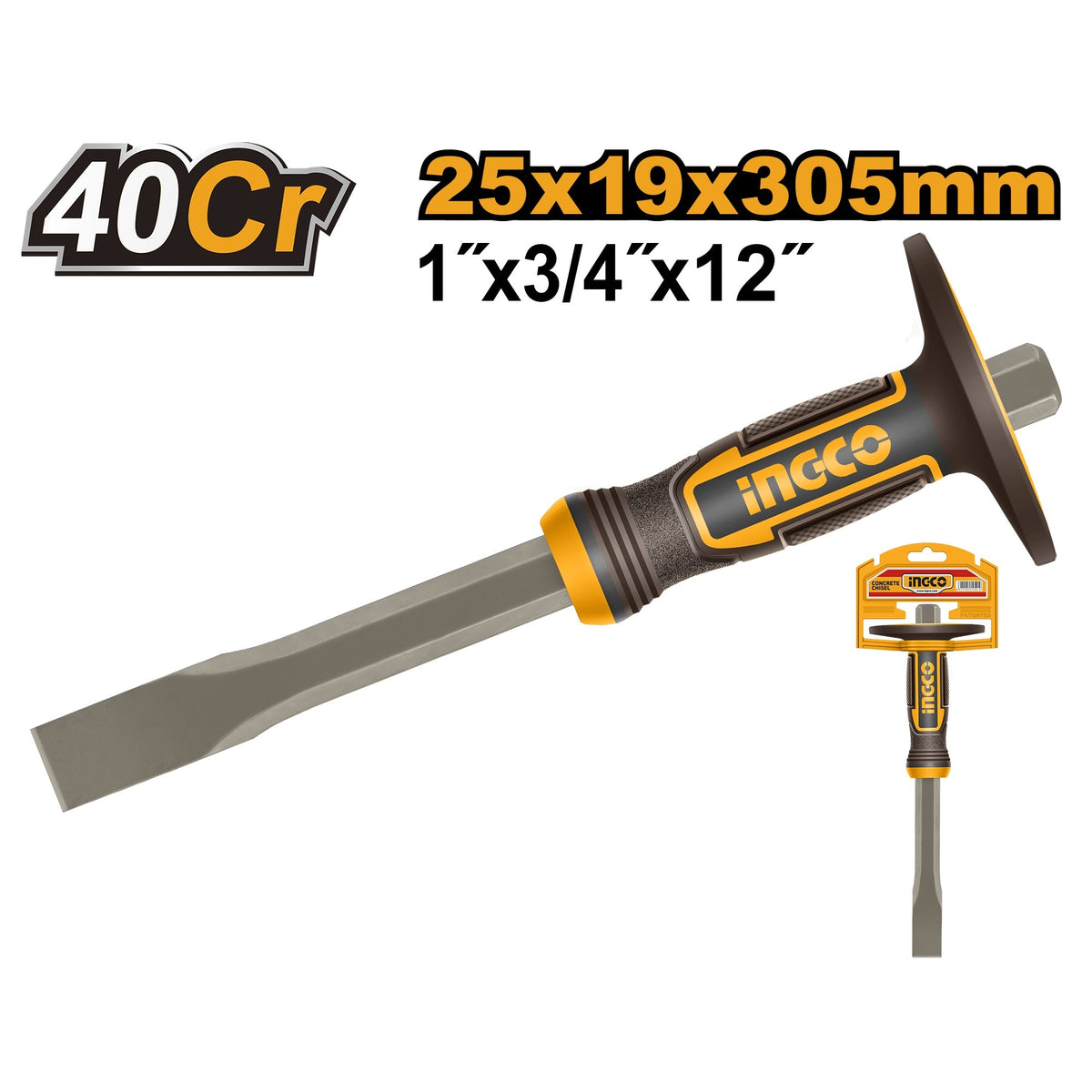 INGCO 40CR. CONCRETE FLAT CHISEL W/GUARD 12" 305X19X25MM HCCL832519 Main image