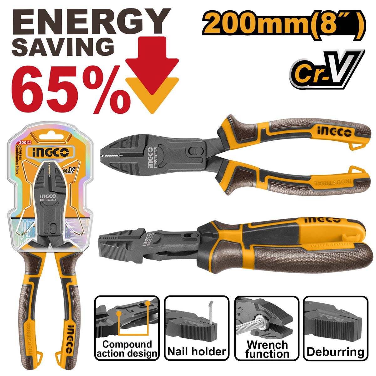 INGCO COMPOUND ACTION COMBI PLIER 8" 200MM HCCP58200 Main image