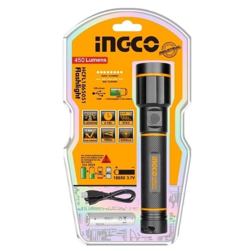 INGCO AVIATION GRADE ALU ALLOY FLASHLIGHT 18650 BATT.450 LUMENS HCFL1865051 Secondary image