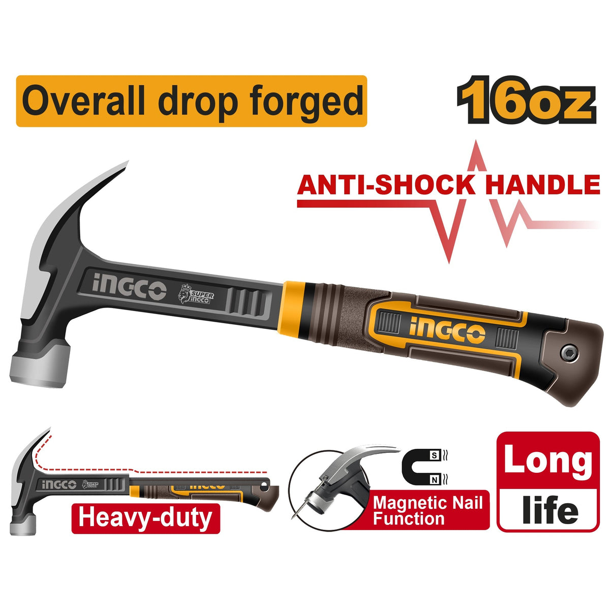 INGCO ANTI SHOCK HANDLE CLAW HAMMER 16OZ HCH81016L Main image