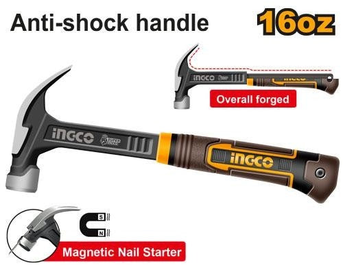 INGCO ANTI SHOCK HANDLE CLAW HAMMER 16OZ HCH81016L Secondary image