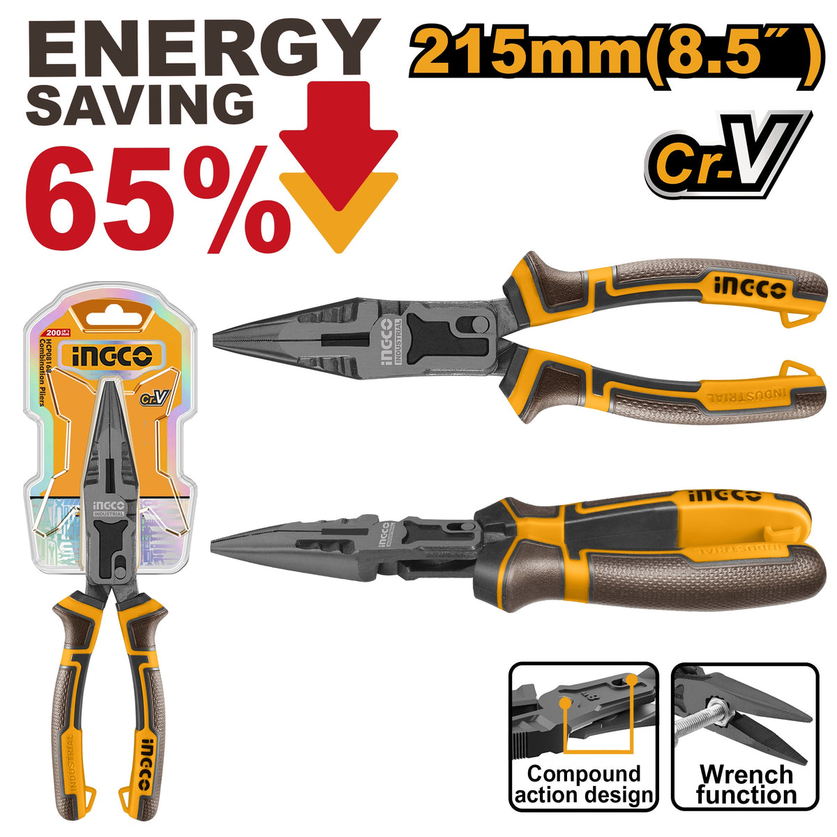 INGCO COMPOUND ACTION LONG NOSE PLIER 8.5" 215MM HCLNP58200 Main image