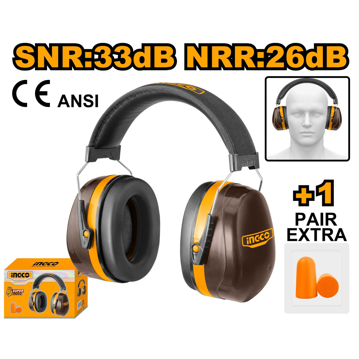 INGCO IMPACT RESISTANT EARMUFF ANSI3.19-1974 & EN352-2:2020 HEM3328 Main image