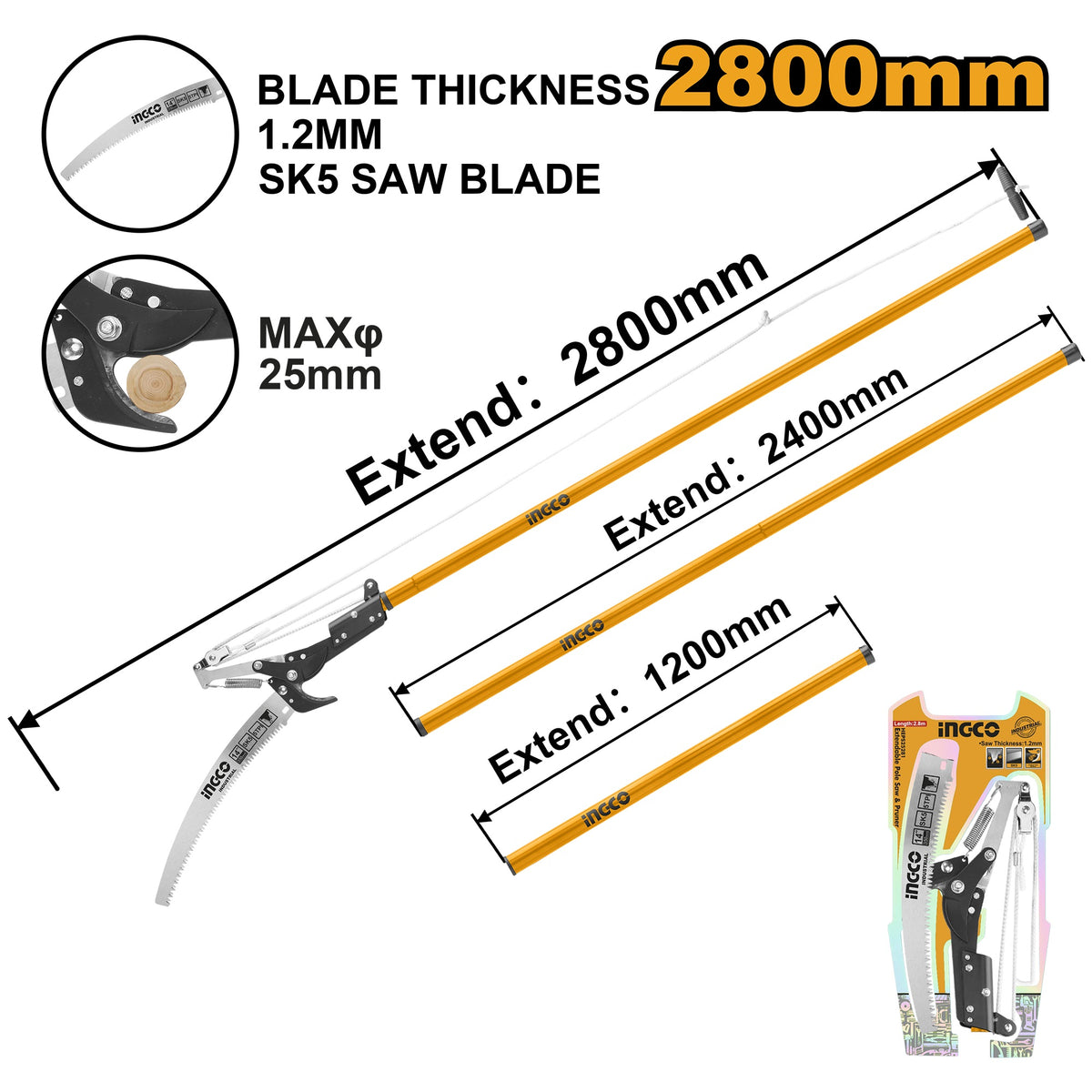 INGCO EXTENDABLE PRUNING CUTTER & POLE SAW MAX. HEIGHT 2.80M HEPS25281 Main image