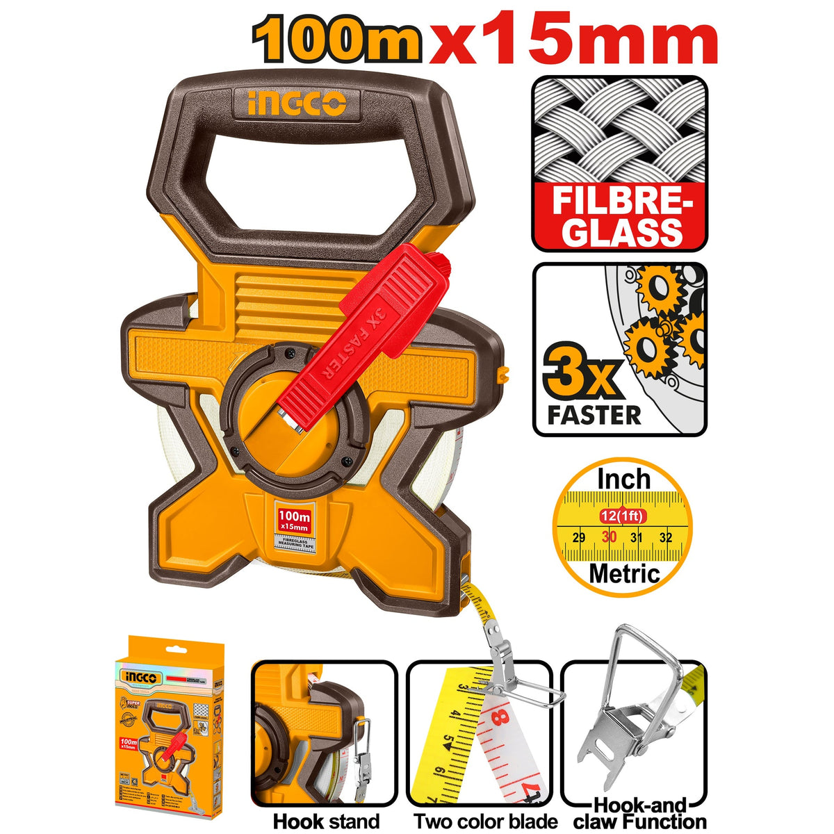 INGCO FIBREGLASS MEASURING TAPE FAST REWIND 15MMX100M/330FT HFMT18100
