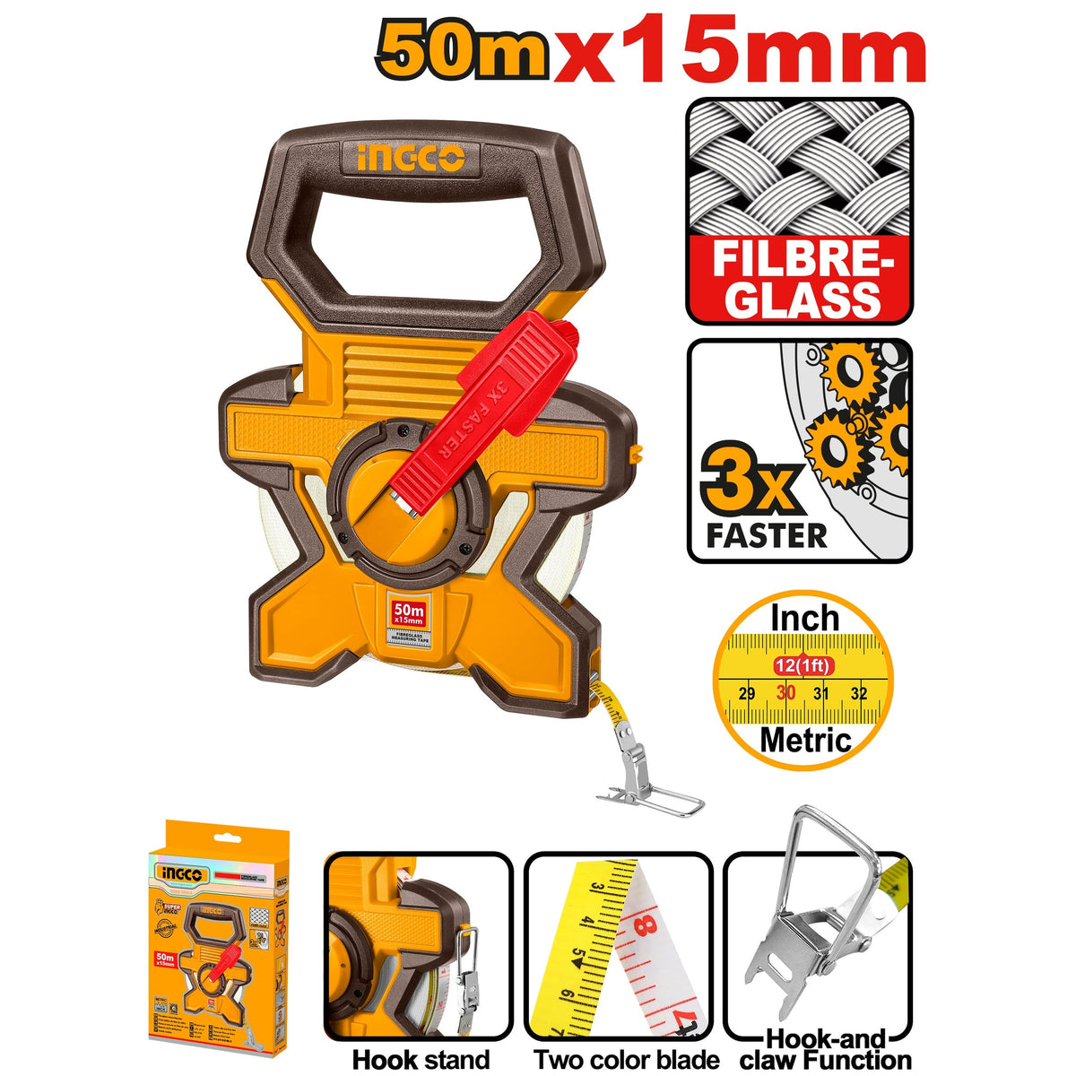 INGCO FIBERGLASS MEASURING TAPE 50M/165FT 15MM BLADE WIDTH HFMT1850 Main image