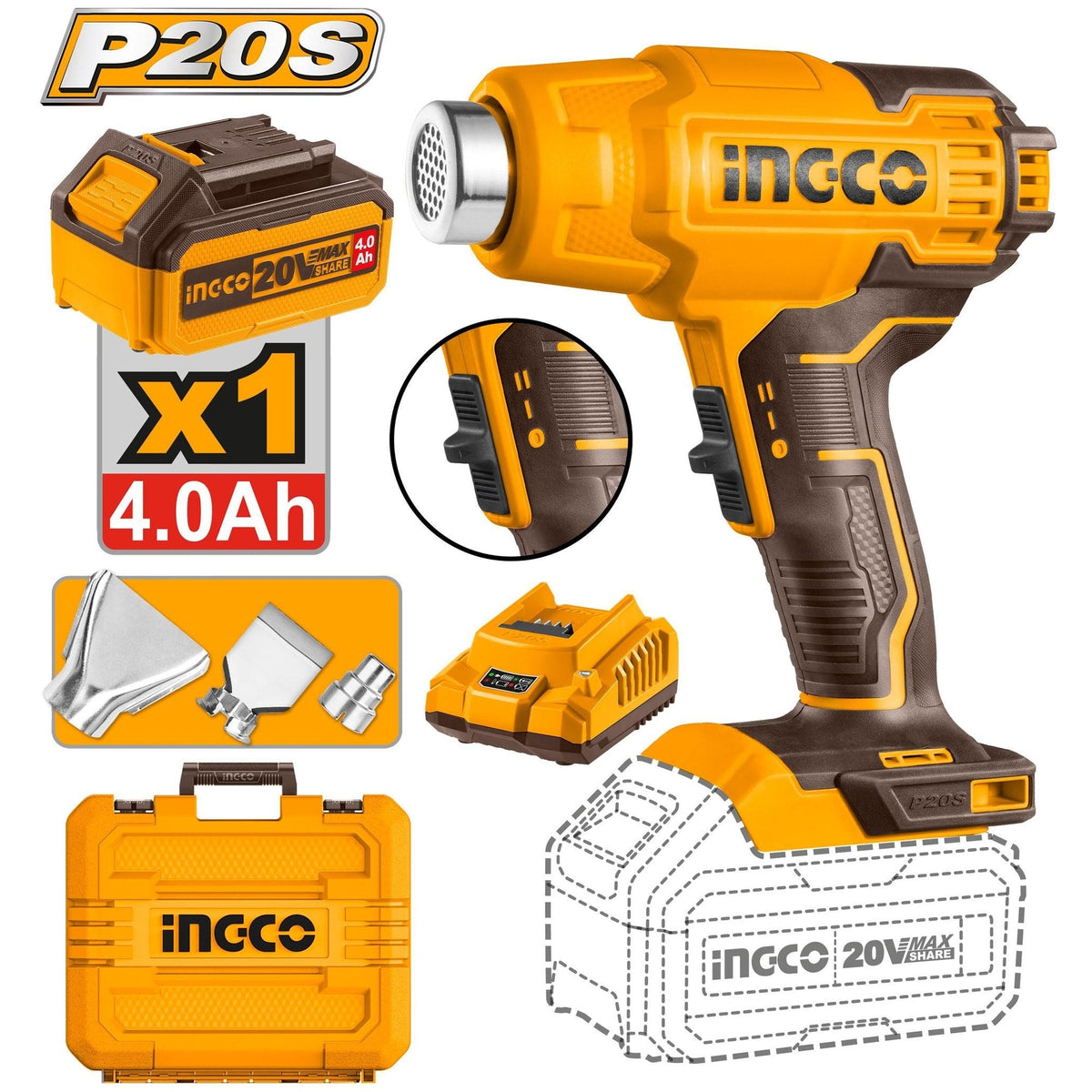 INGCO 20V LI-ION HEAT GUN 300/550°C 1X4.0AH + CHARGER & CASE HGLI20025 Main image
