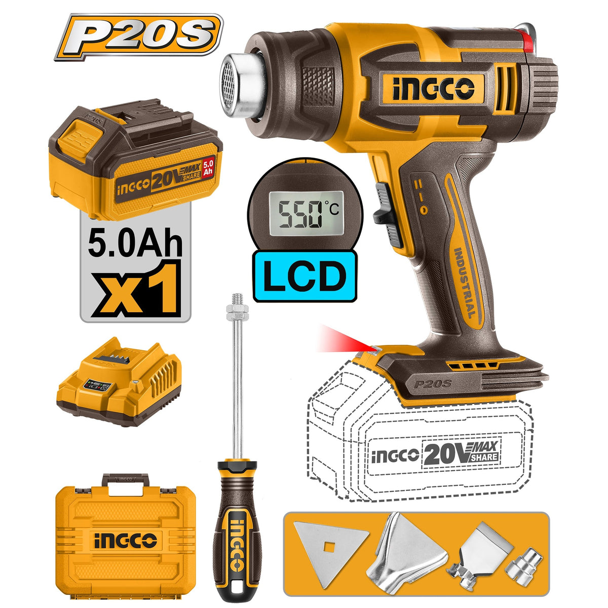 INGCO 20V LI-ION HEAT GUN 30~300/30~550°C 1X5.0AH+ CHARGER & CASE HGLI20035 Main image