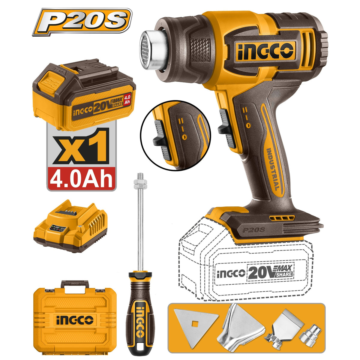 INGCO 20V LI-ION HEAT GUN 300/550°C 1X4.0AH,CHARGER+TOOLS HGLI20065 Main image