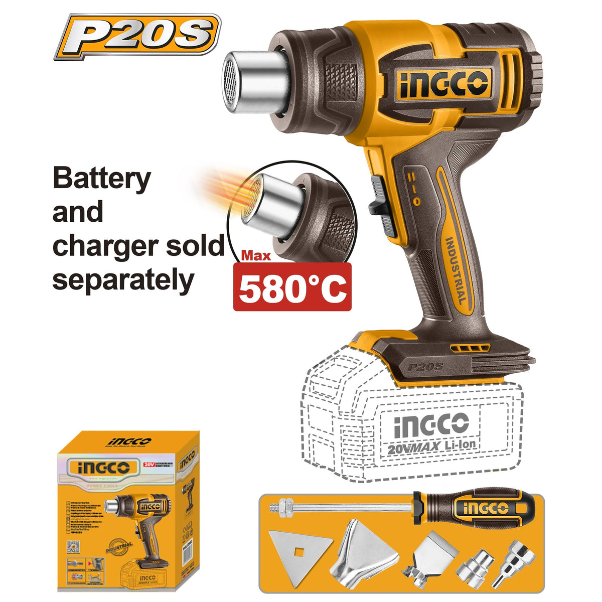 INGCO 20V LI-ION HEAT GUN 300/580°C + TOOLS HGLI2008 (BARE UNIT)