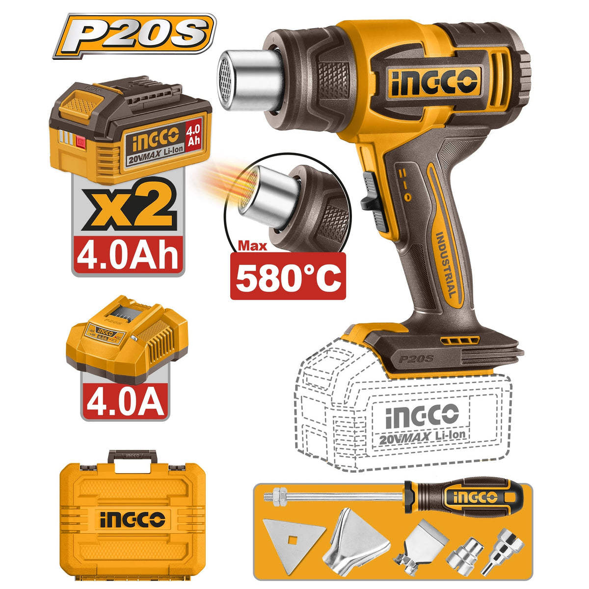 INGCO 20V LI-ION HEAT GUN 300/580°C 2X4.0AH,CHARGER+TOOLS+CASE HGLI20085 Main image