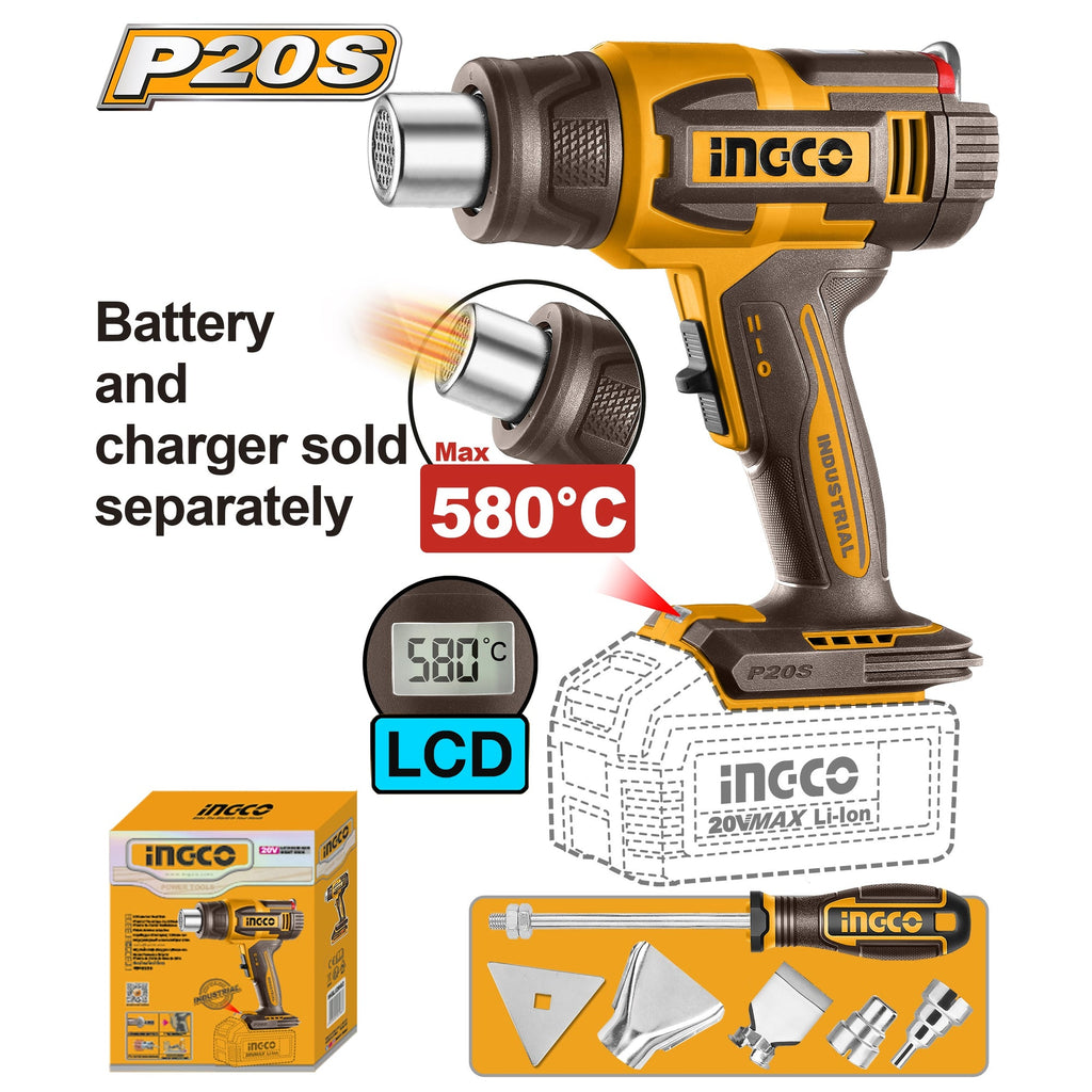 INGCO 20V LI-ION HEAT GUN 300/580°C+TOOLS LCD DISPLAY HGLI2058 (BARE UNIT)
