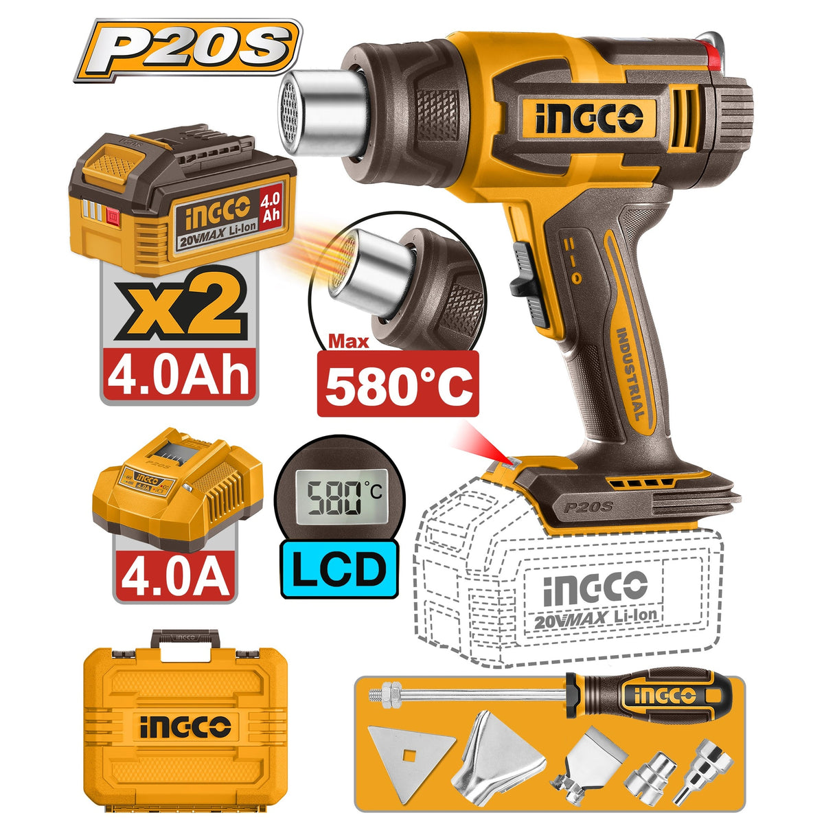 INGCO 20V LI-ION HEAT GUN 300/580°C 2X4.0AH+CHGR+TOOLS+CASE LCD HGLI20582 Main image