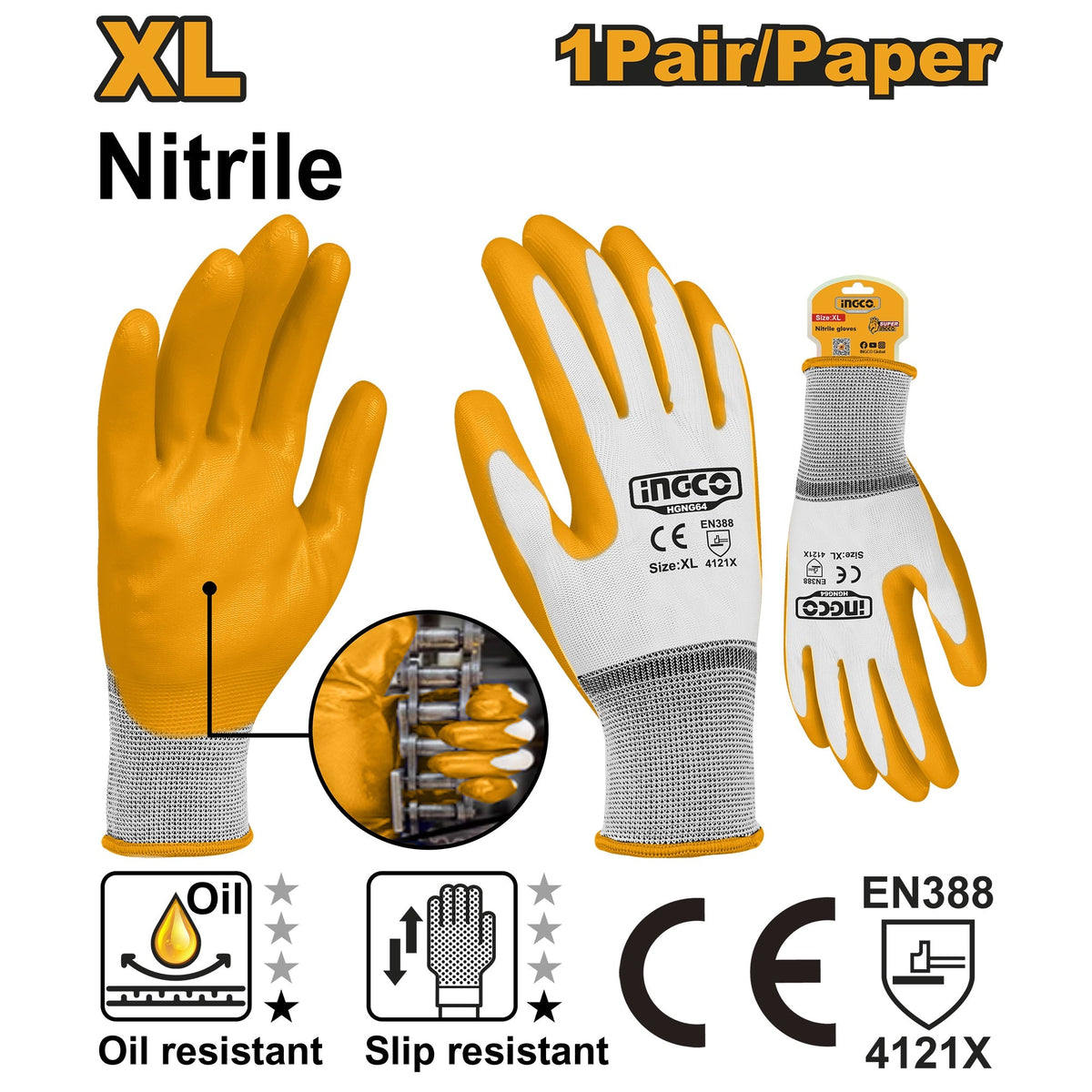 INGCO NITRILE COATED PALM GLOVE SIZE XL, 4121X, HGNG64