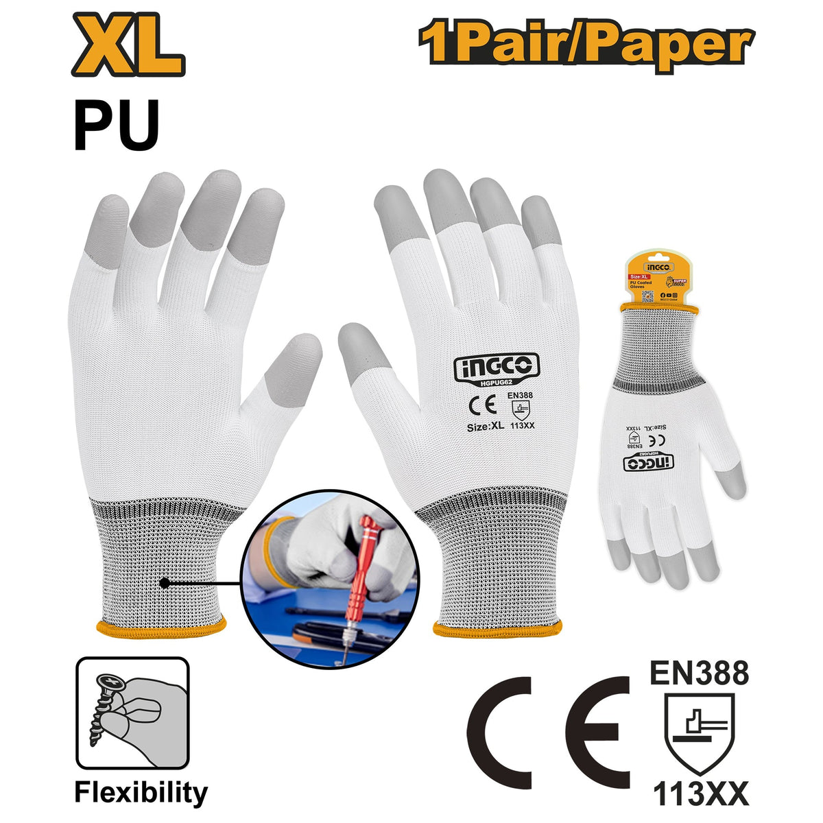 INGCO PU FINGERTIP TOUGH SENTITIVE GLOVE SIZE XL HGPUG62 Main image