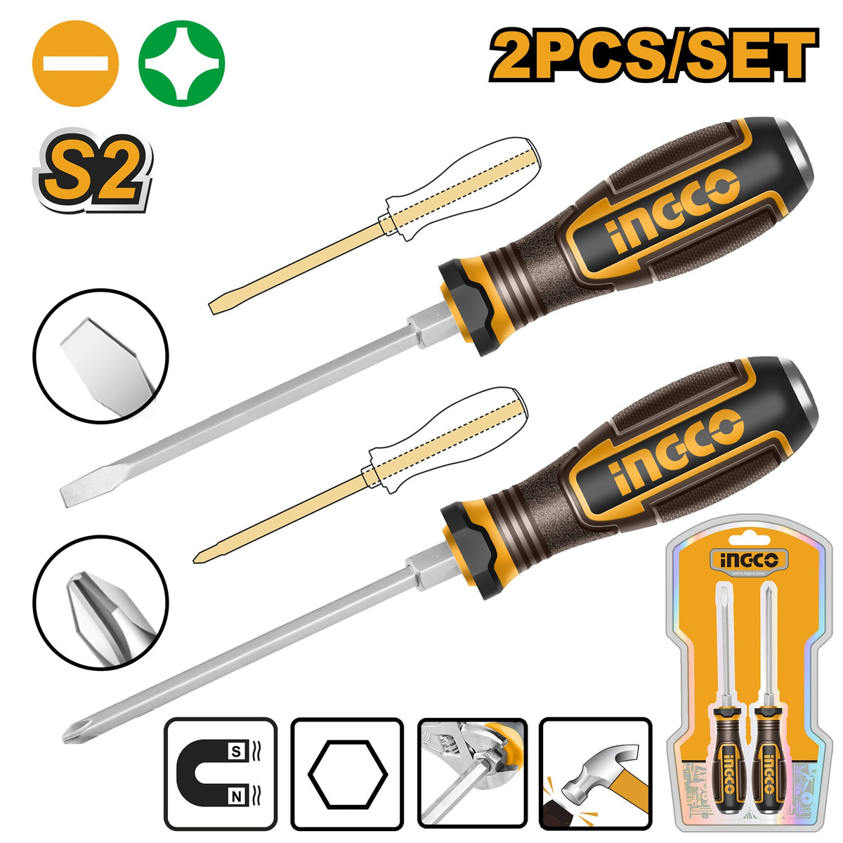 INGCO 2PC GO THRU SCREWDRIVER (-) (+) X 125MM HGTST0208 Main image