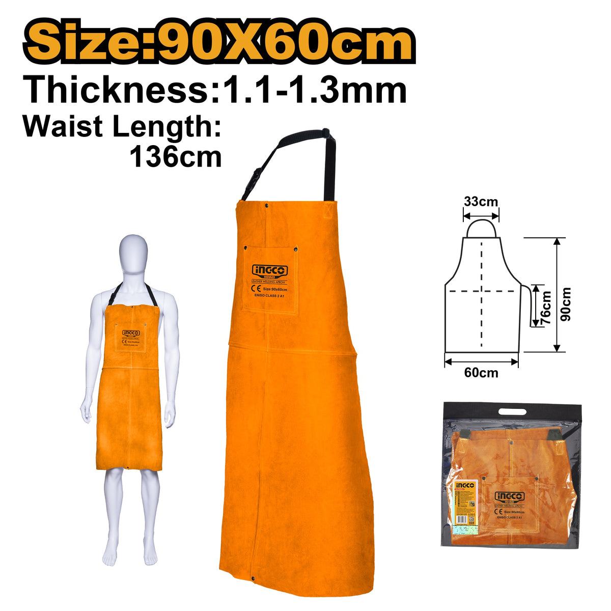 INGCO LEATHER WELDING APRON FLAME RETARDANT 900X600MM HGVA03 Main image