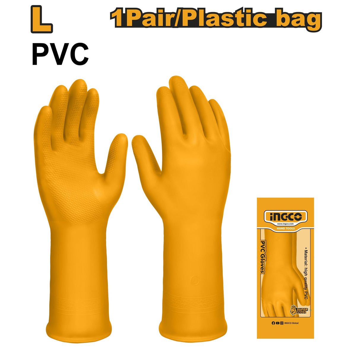 INGCO HIGH QUALITY ORANGE PVC GLOVE SIZE L 320MM HGVP01 Main image
