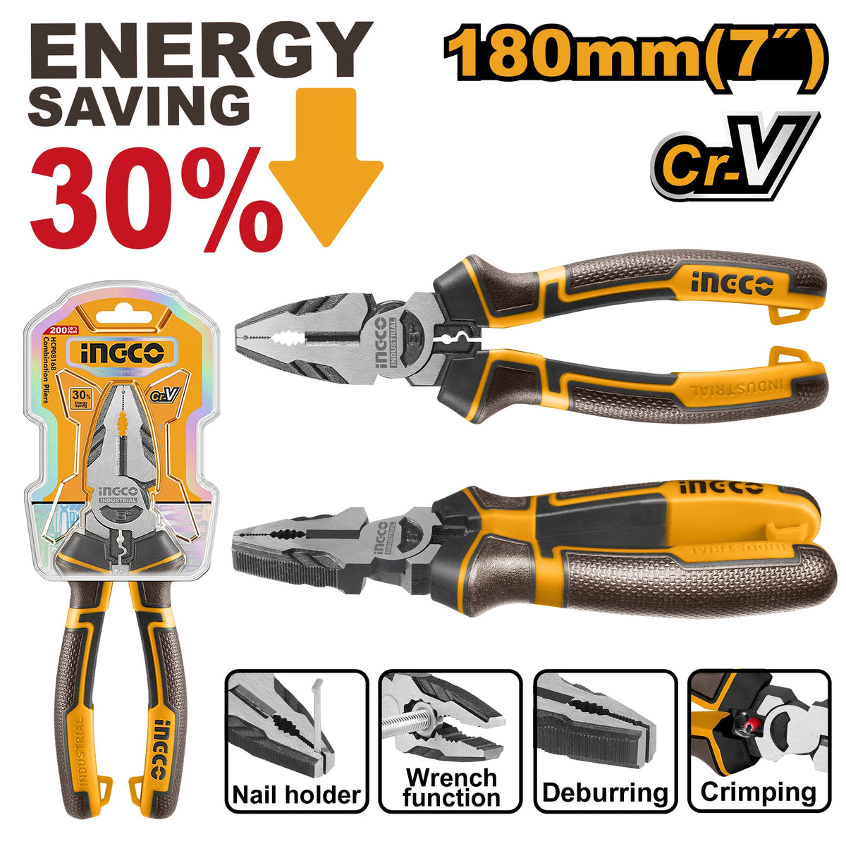 INGCO HIGH LEVERAGE CR.V COMBINATION PLIER BLACK POLISHED