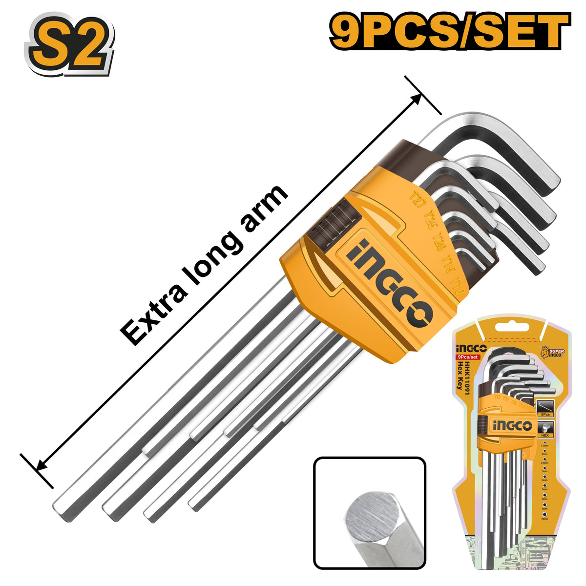 INGCO 9PCS EXTRA LONG ARM HEX KEY(1.5-10MM) SET HHK11092