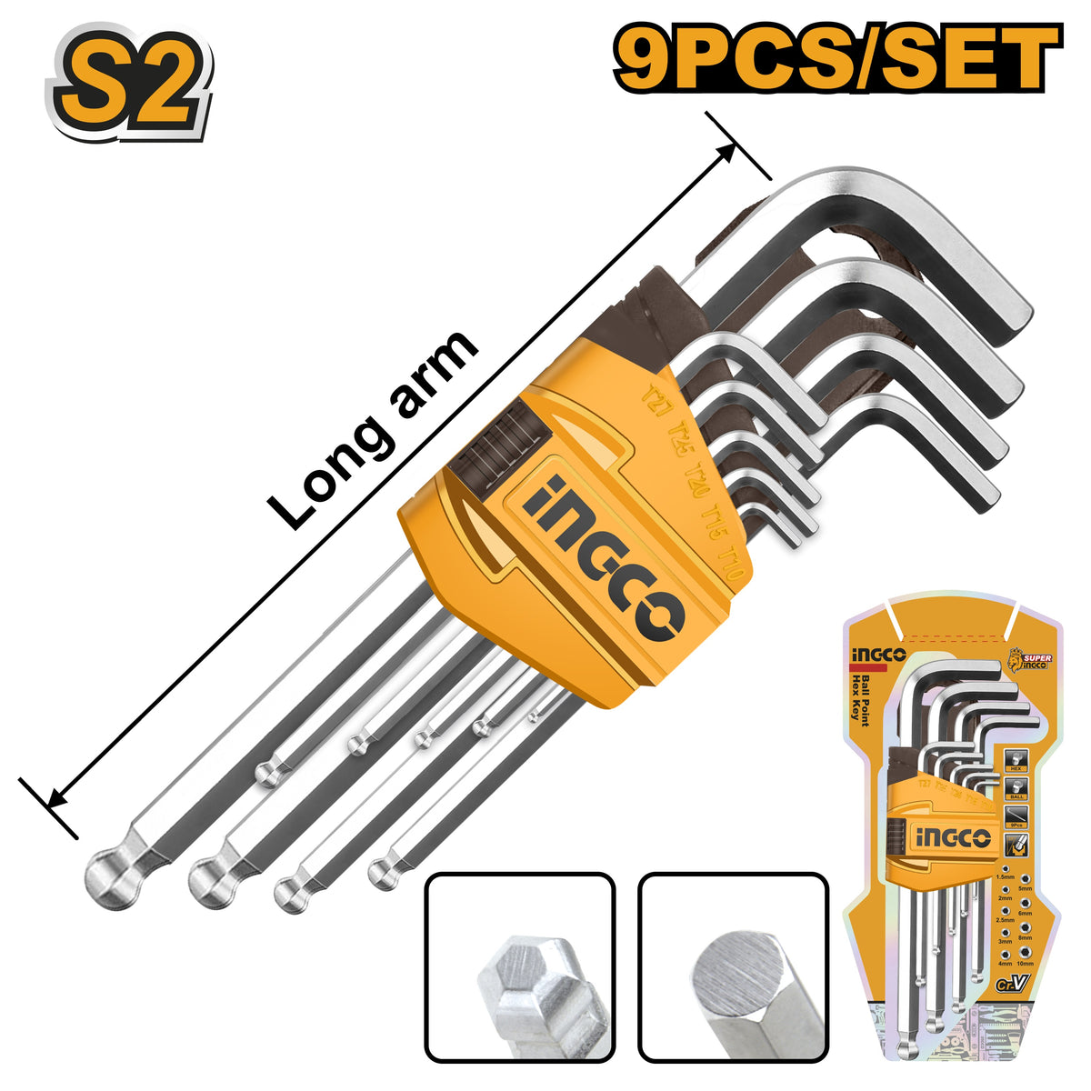 INGCO 9 PCS LONG ARM BALL END HEXA KEY SET 1.5-10MM HHK12091 Main image